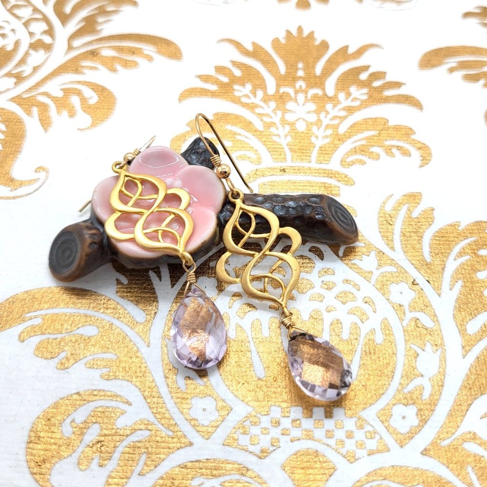 Pink amethyst gold wave gold filled dangle earrings